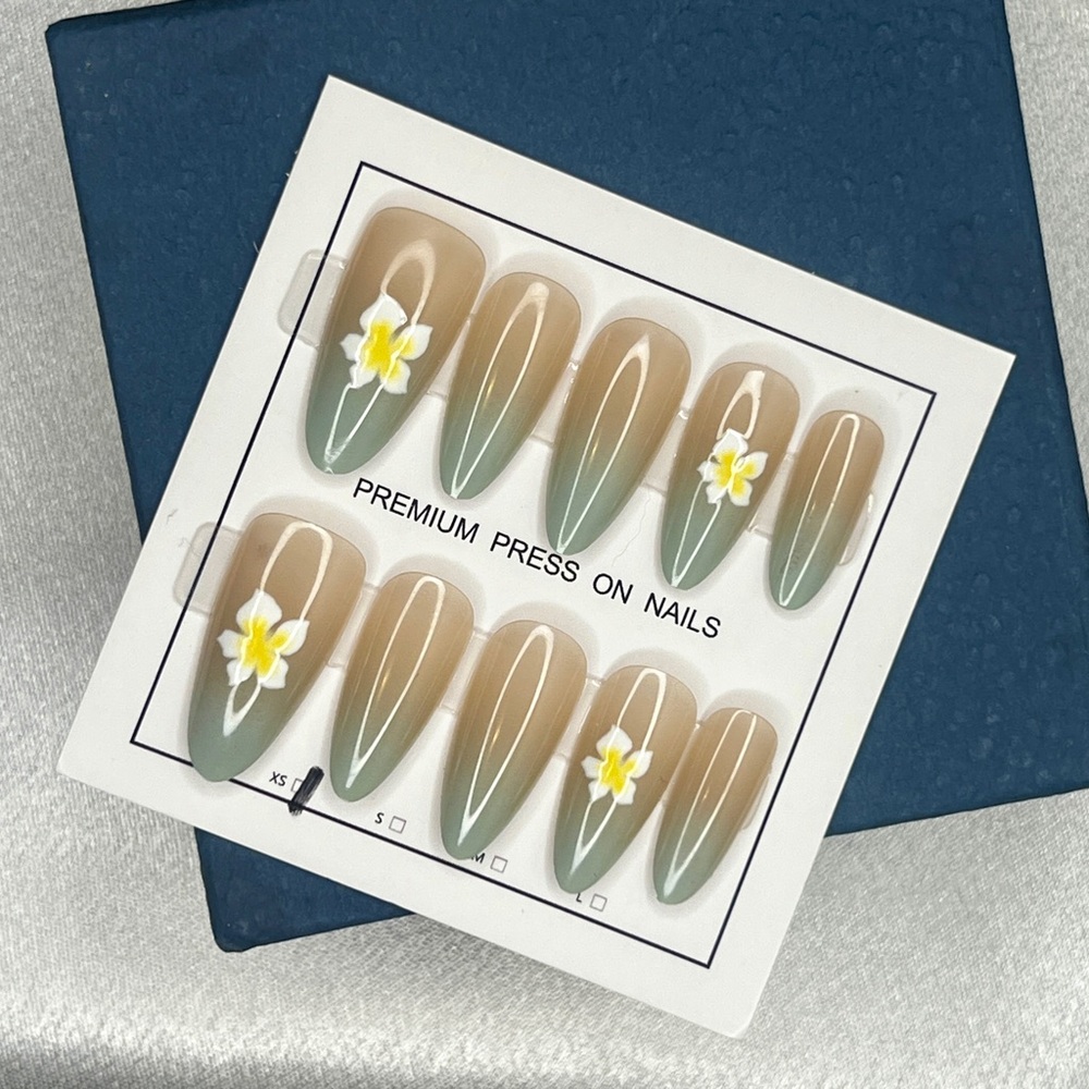 Neutral to Sage Ombre Press-On Nails with Yellow Floral Accent size XS